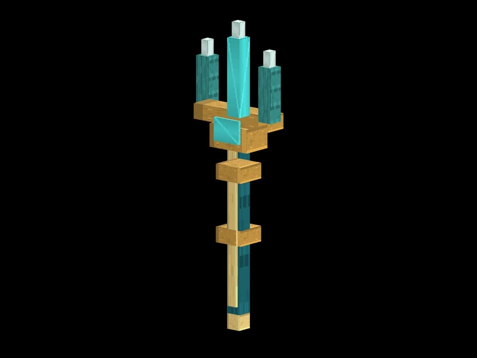 A three-pronged relic of Atlantis, built from ocean-colored metal with gold accents.